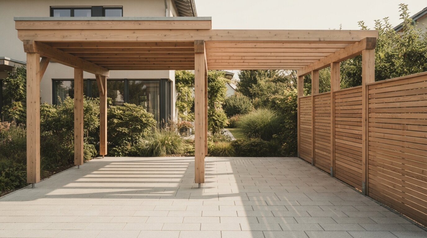 Carport und Pergola aus hellem Holz mit gleichmäßigen Sparren, daneben ein Lattenzaun